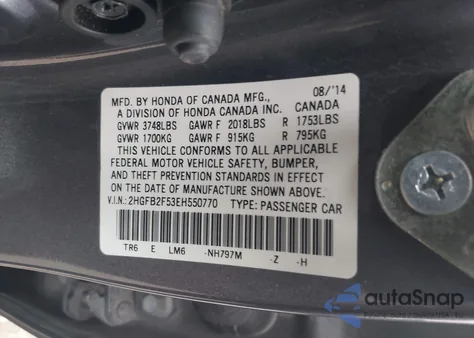 2014 Honda Civic Lx z USA, uszkodzony, nr VIN 2HGFB2F53EH550770